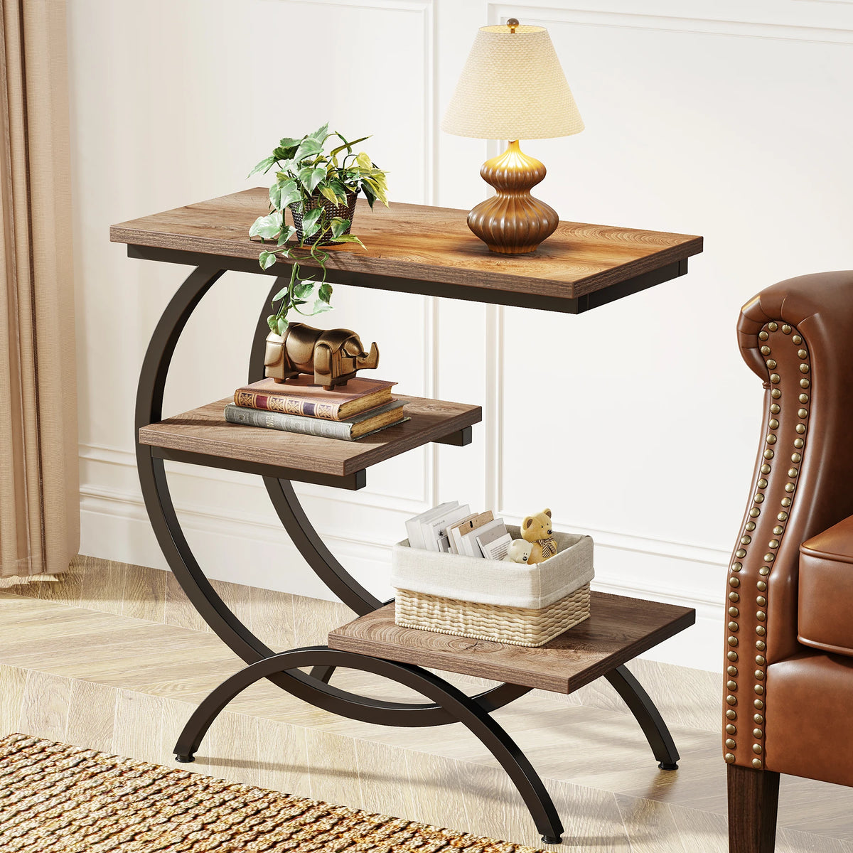 Tribesigns Industrial C-Shaped End Table With Three Storage Shelves