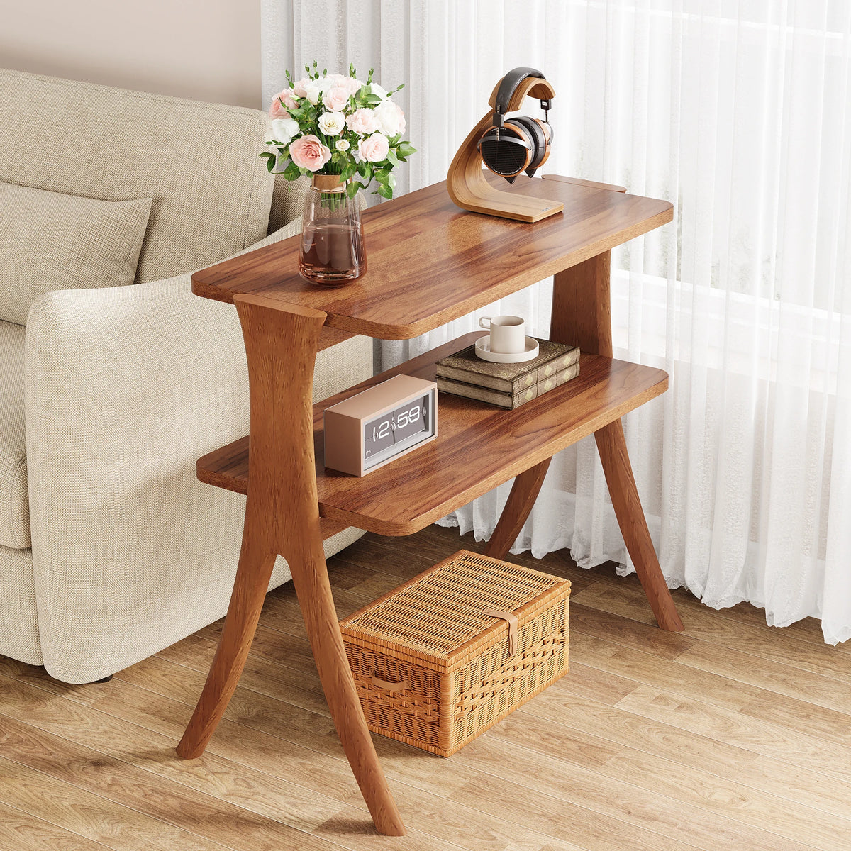 Tribesigns Wooden Side Table With Two Tier Storage Shelves