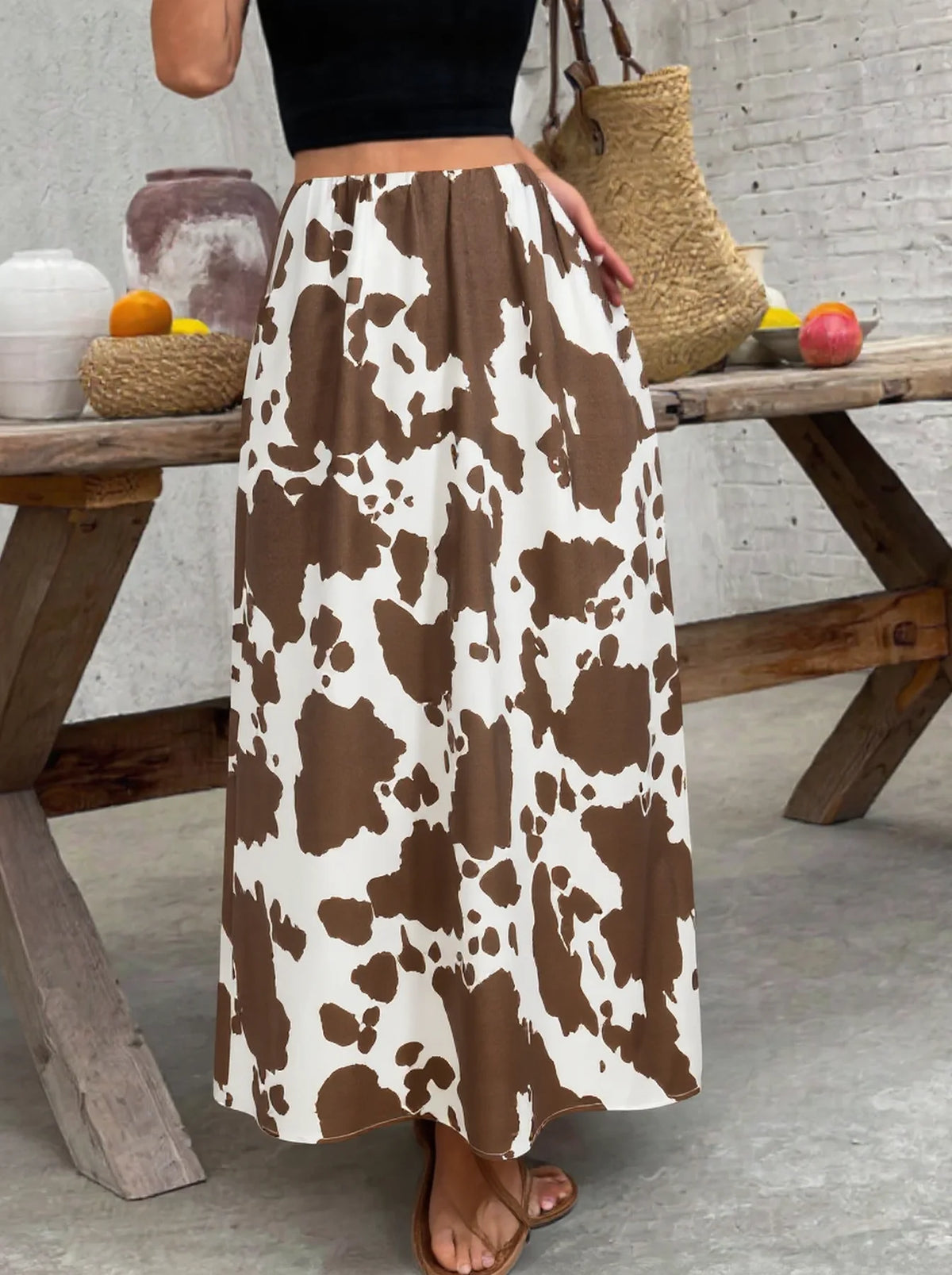 Women's High Waist Cow Print A-Line Skirt for Daily Wear