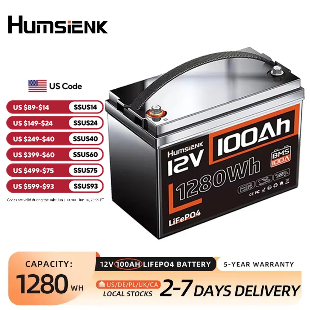 Humsienk 12V 100Ah LiFePO4 Lithium Battery For Solar Power Storage