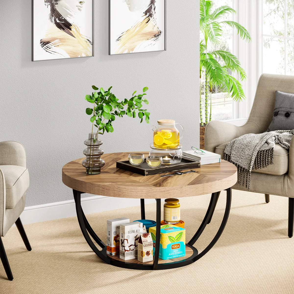 Tribesigns Modern Round Wooden Coffee Table With Two Tier Storage