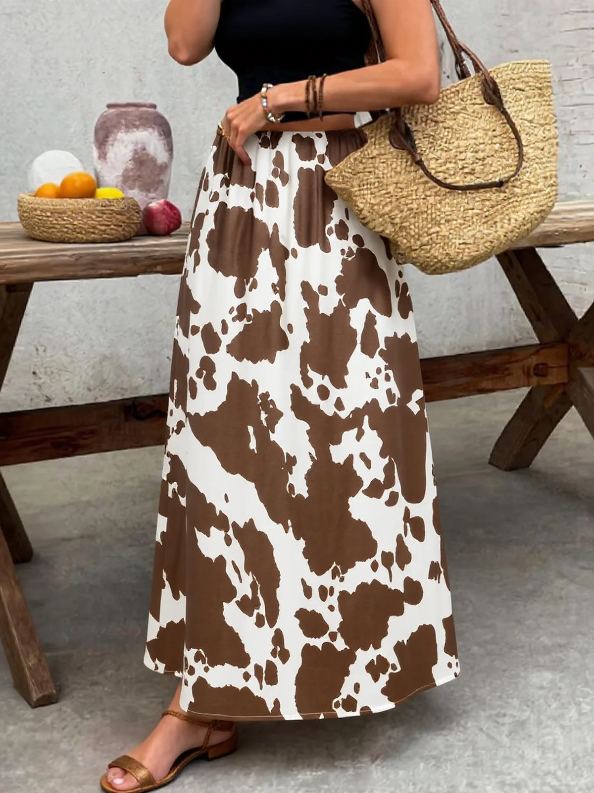 Women's High Waist Cow Print A-Line Skirt for Daily Wear