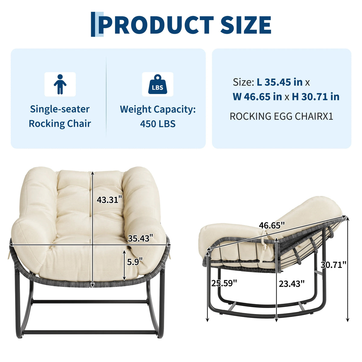 Outdoor Rocking Chair Oversized Egg-Shaped Wicker with Soft Cushion All-Weather Waterproof Rattan 330 lbs Capacity – for Patio, Garden, Balcony, Porch