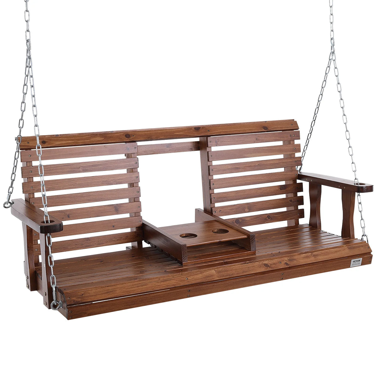 SucceBuy Outdoor Wood Porch Swing With Heavy Steel Chains