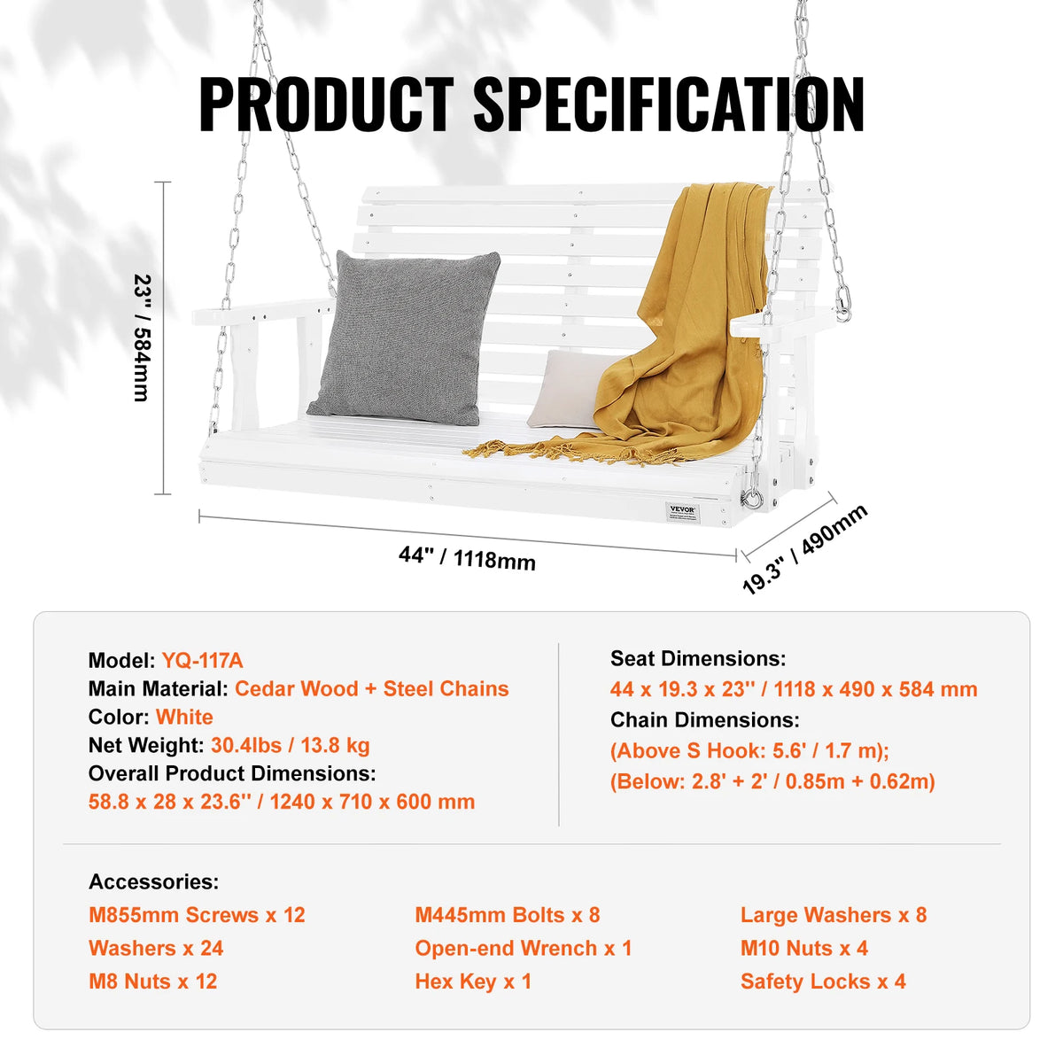 SucceBuy Outdoor Wood Porch Swing With Heavy Steel Chains