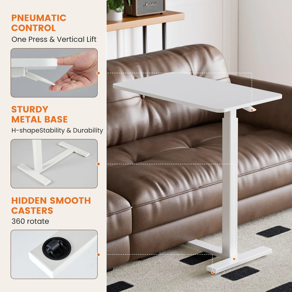 JHK Adjustable Overbed Table With Hidden Wheels For Bedroom Use