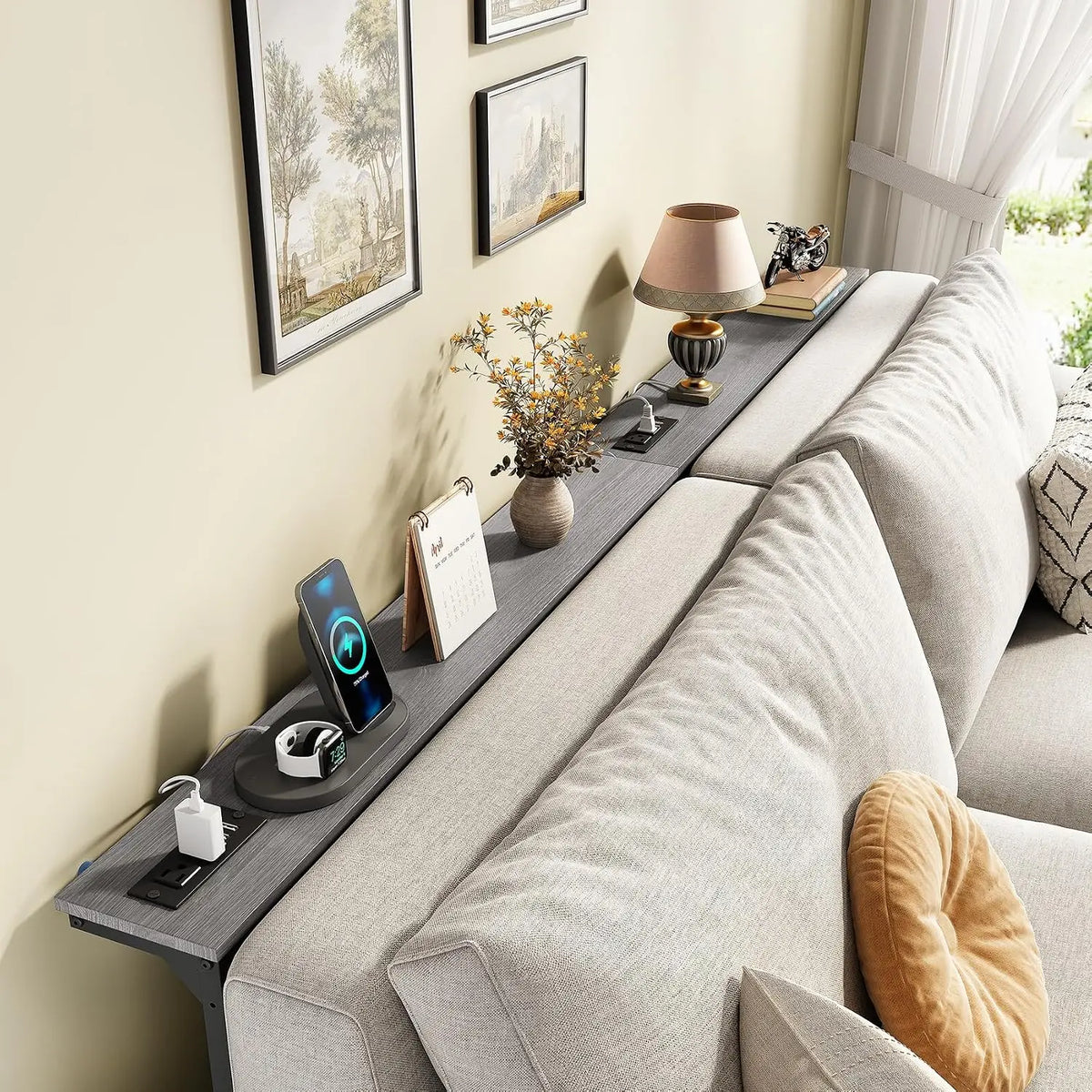 Narrow Sofa Console Table With Charging Station Adjustable Modular Design