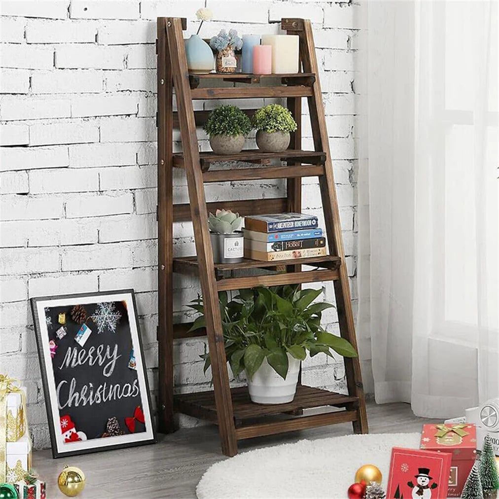 Multipurpose Wooden Folding 4 Tier Ladder Shelf Rack