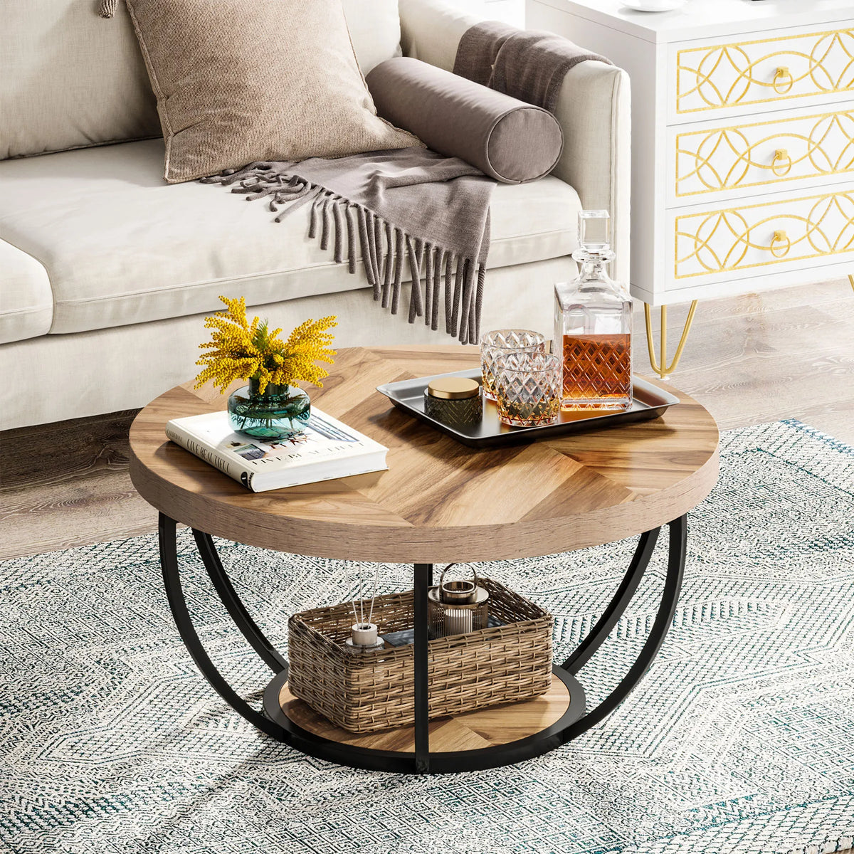 Tribesigns Modern Round Wooden Coffee Table With Two Tier Storage