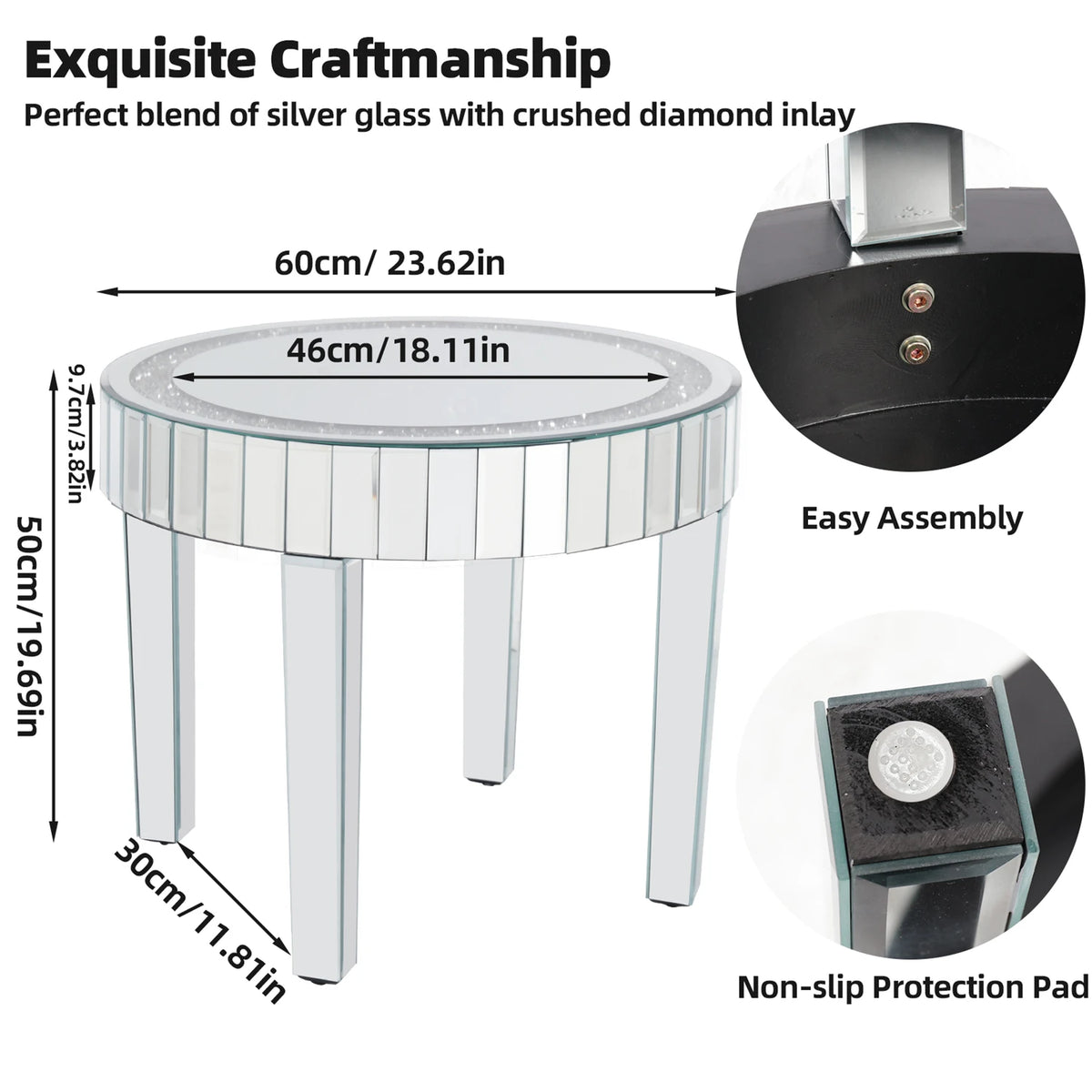 Crushed Crystal Round Coffee Table Glitz Sparkle Diamond Sofa Side Accent Table Bedside Table