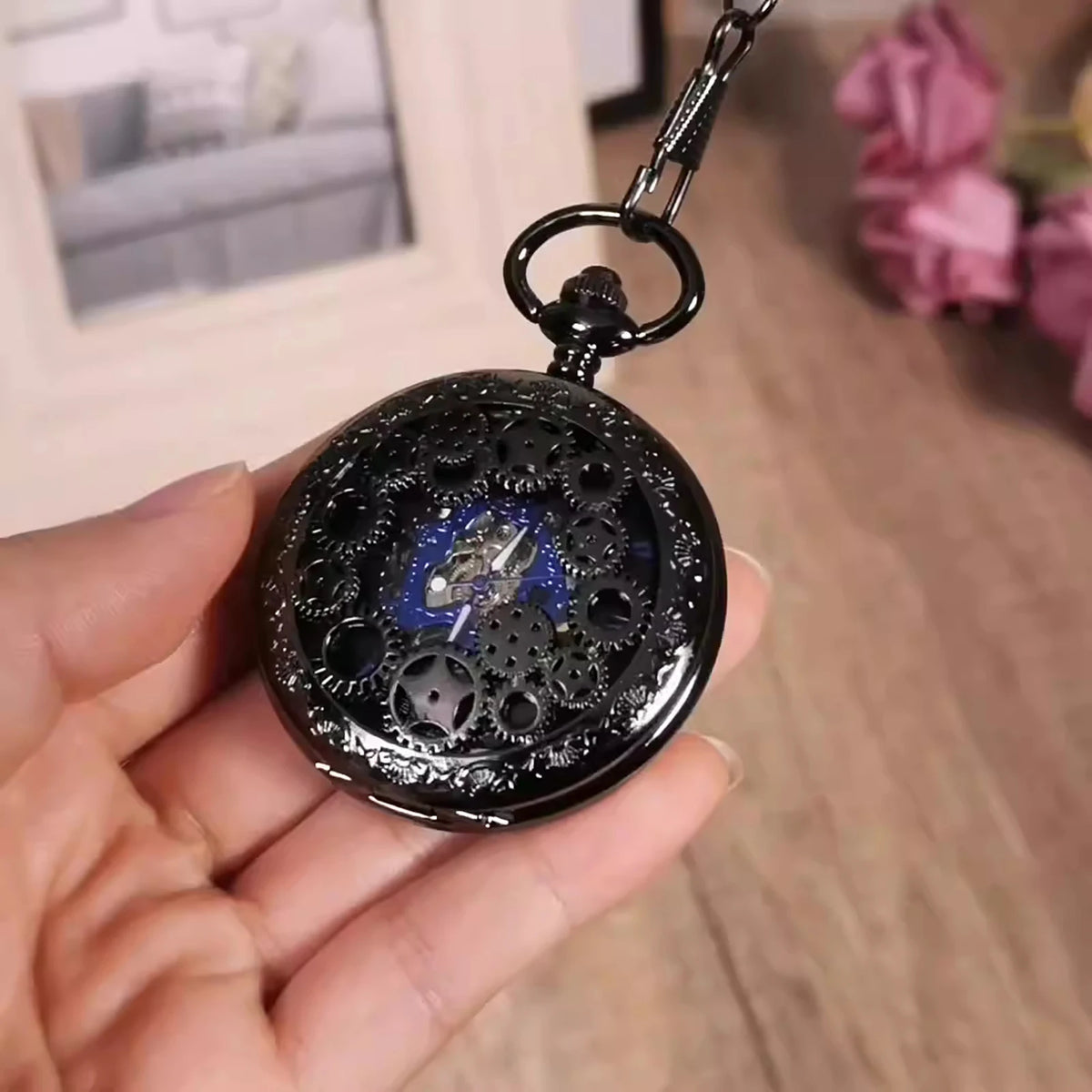 Vintage Hand-Wind Skeleton Pocket Watch Roman Numeral Dial, Mechanical Pocket Watch with Chain for Men Gift