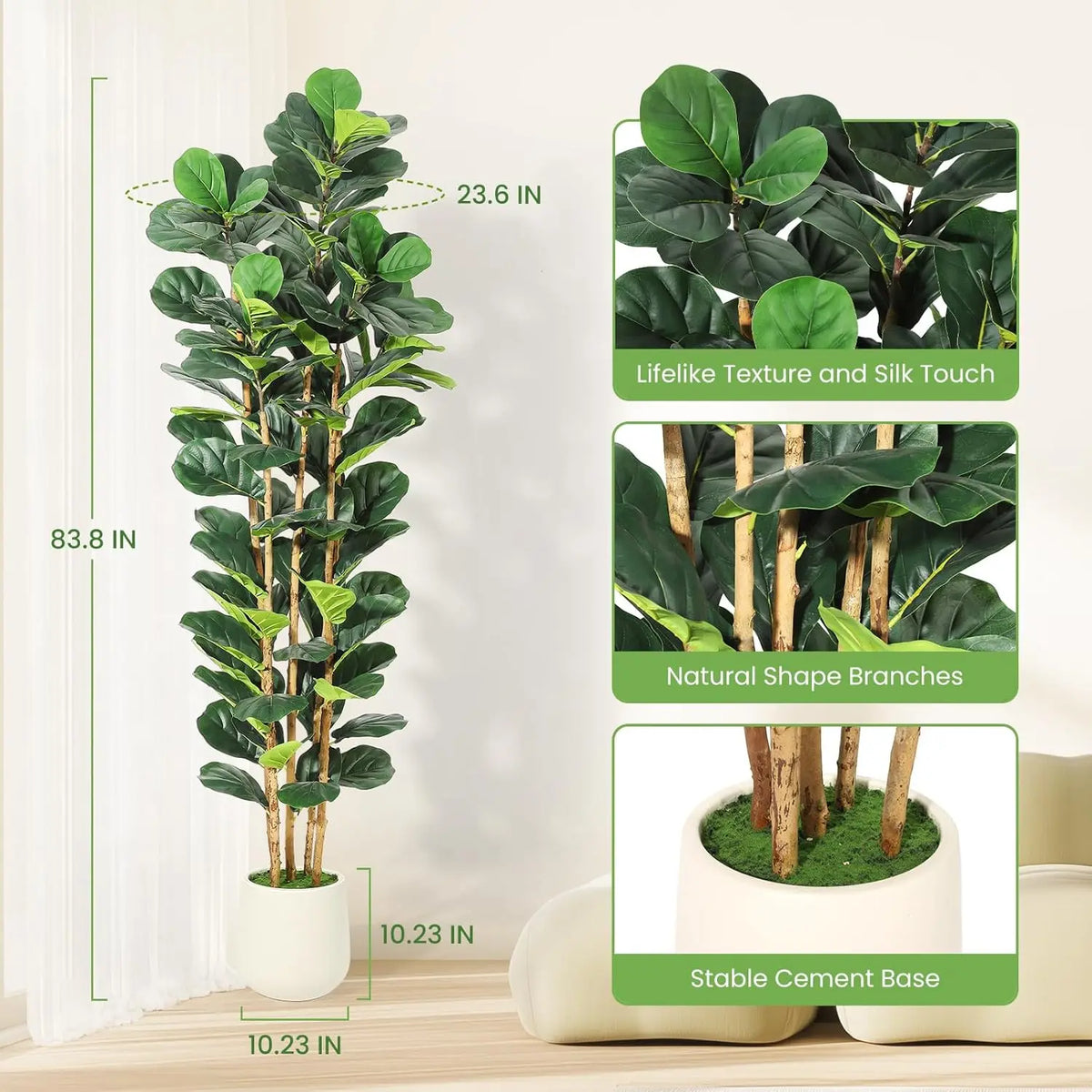 5/6/7 FT Artificial Fiddle Leaf Fig Tree with Pot Faux Trees with Artificial Plants Fiddle Leaves Greenery Fake Tree for Home