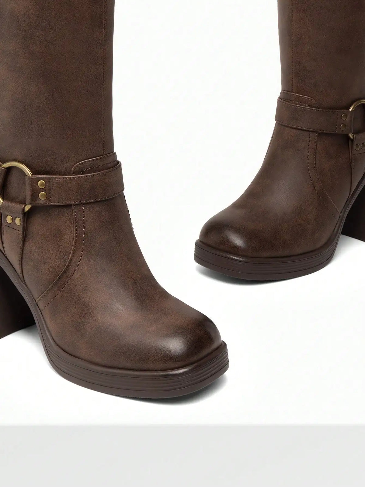 Women's Chunky Heel Platform Knee-High Boots Square Toe Side Zipper Adjustable Straps Buckle Decorated Motorcycle Riding Boots Brown Boots