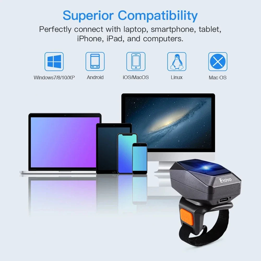 Eyoyo EY-016 Finger Ring Barcode Scanner Mini Wearable 3-in-1 Connection Bluetooth Scanner, Screen Scanning 1D&2D QR PDF417 Data Matrix Image Bar Code Reader, Compatible with iPad, Phone, Laptop, PC