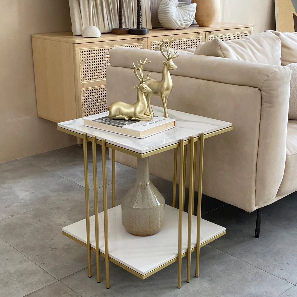 2 Tier Square Sofa Side Table Metal Gold Frame Sintered Stone Table Top Accent End Table Nigthstand for Living Room Bedroom Office