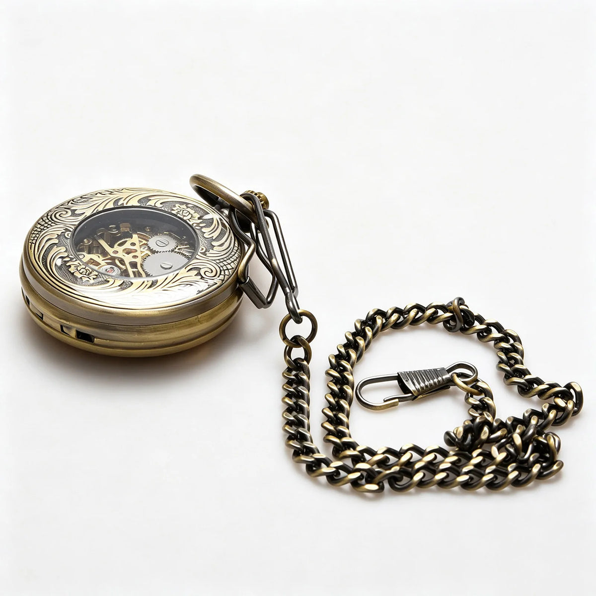 Vintage Open Face Pocket Watch with Chain and Arabic Numerals