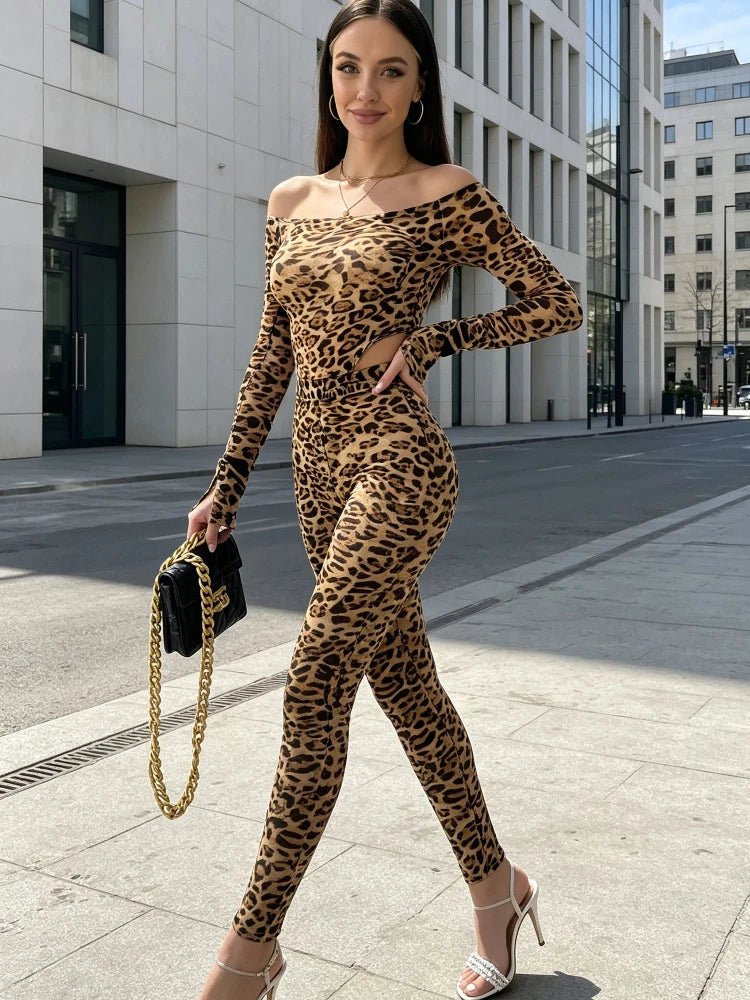 Women Leopard Print Off Shoulder 2 Piece Outfit Long Sleeve Cutout Bodycon Top And Pants Set Brown Party Streetwear