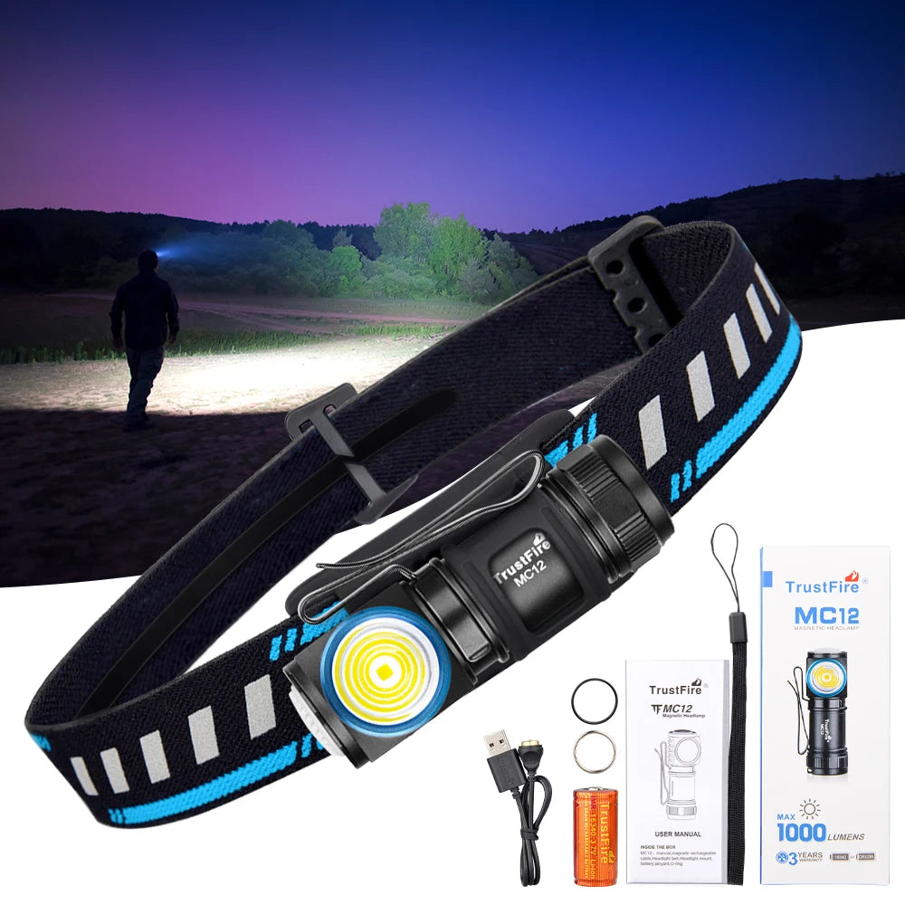 TrustFire MC12 EDC Powerful LED Headlamp 1000Lumens Magnetic Rechargeable Head Lamp XP-L HI Camping Torch Flashlight
