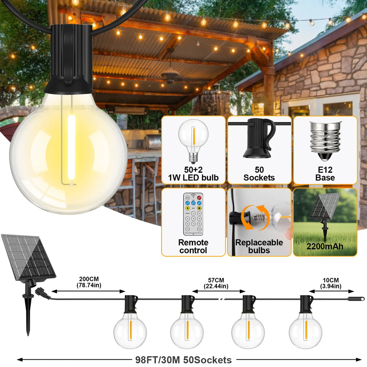 Shatterproof Solar String Lights With Remote For Outdoor Garden