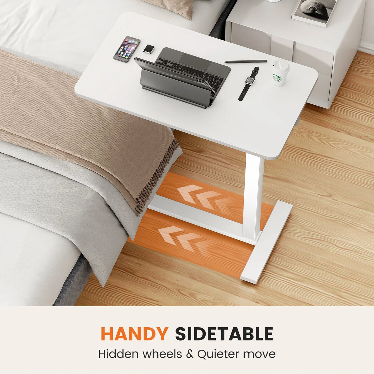 JHK Adjustable Overbed Table With Hidden Wheels For Bedroom Use