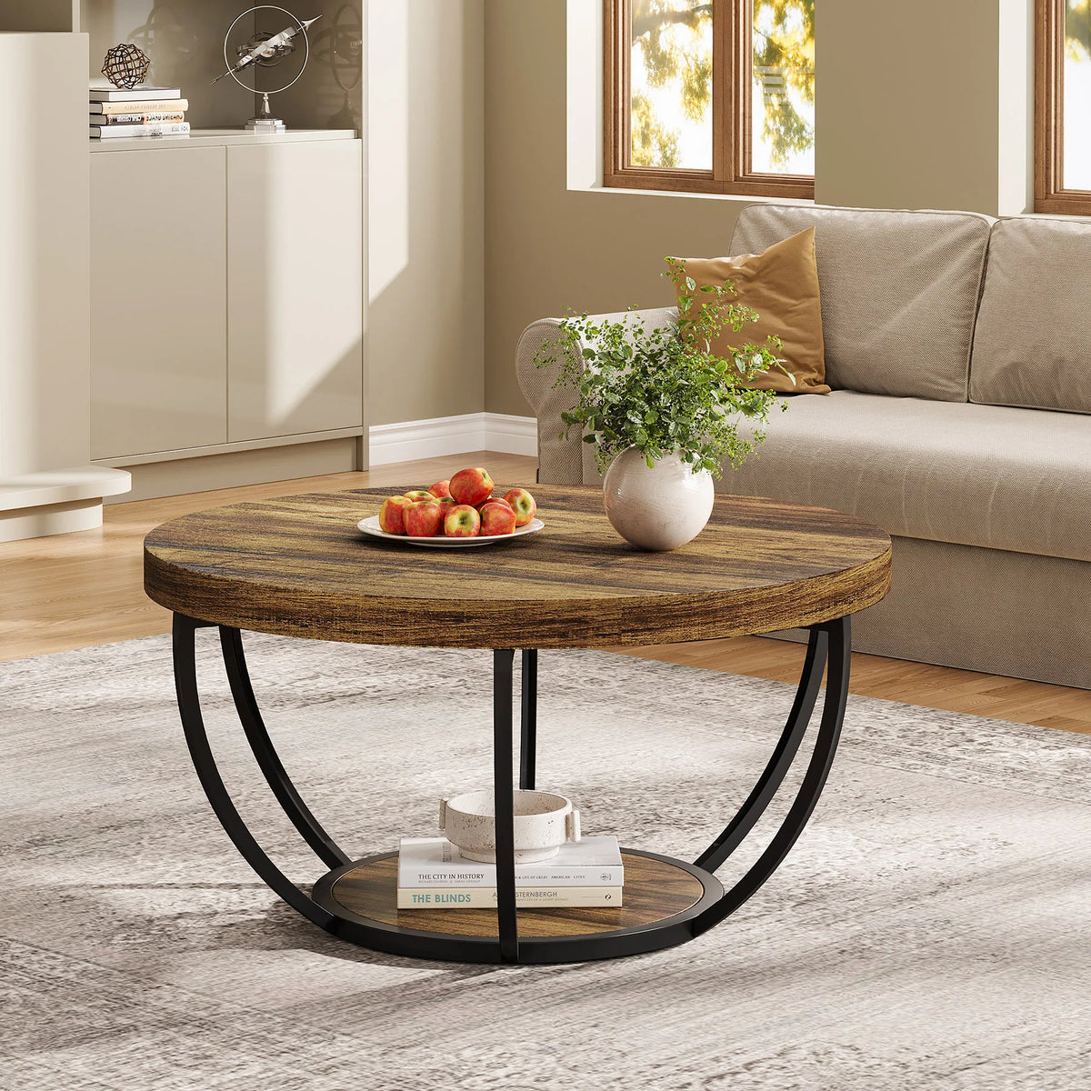 Tribesigns Modern Round Wooden Coffee Table With Two Tier Storage