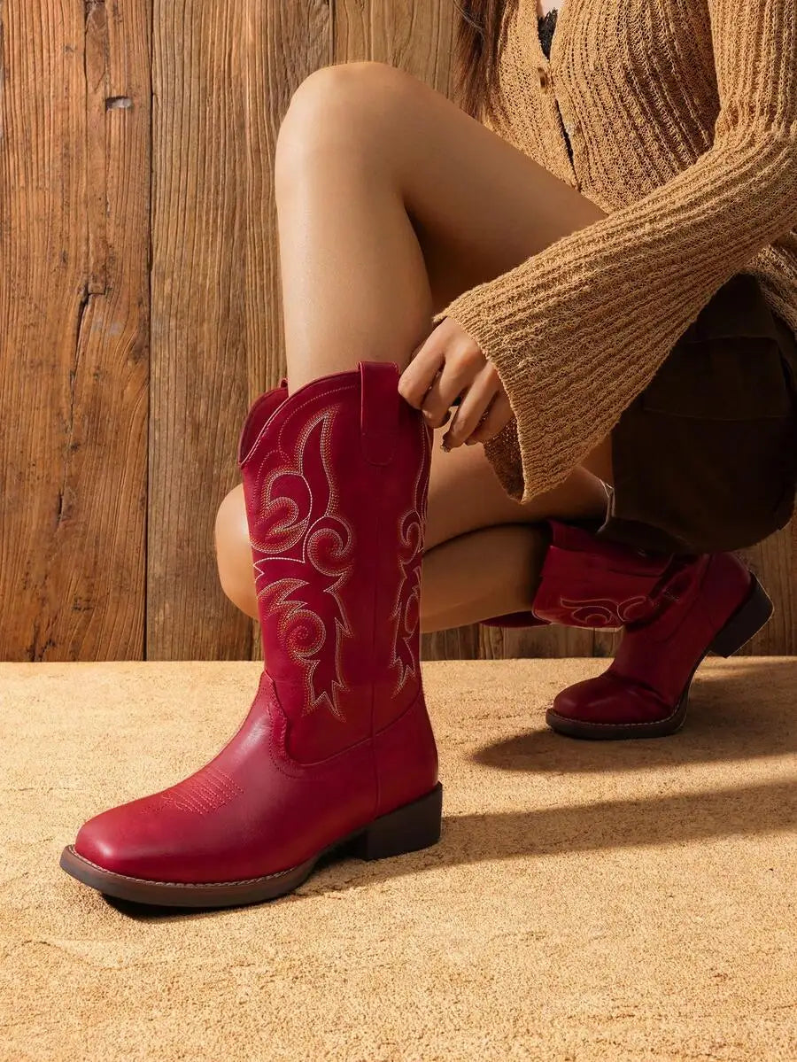 Women's Cowboy Boots Embroidered Square Toe Chunky Low Heel Mid Calf Cowgirl Western Fashionable For Theme Party Country
