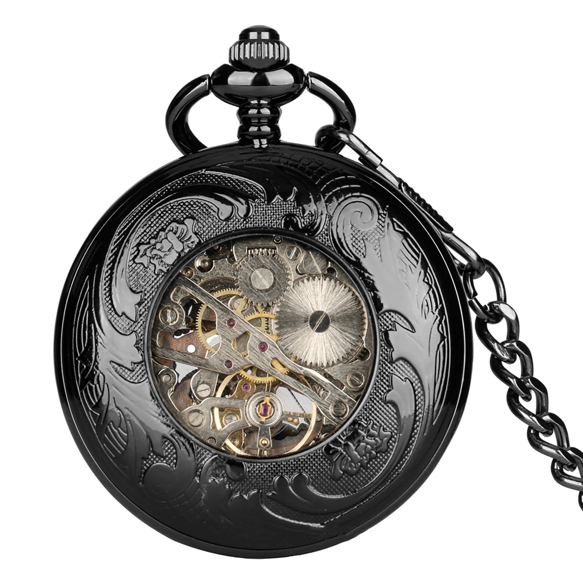 Vintage Hand-Wind Skeleton Pocket Watch Roman Numeral Dial, Mechanical Pocket Watch with Chain for Men Gift