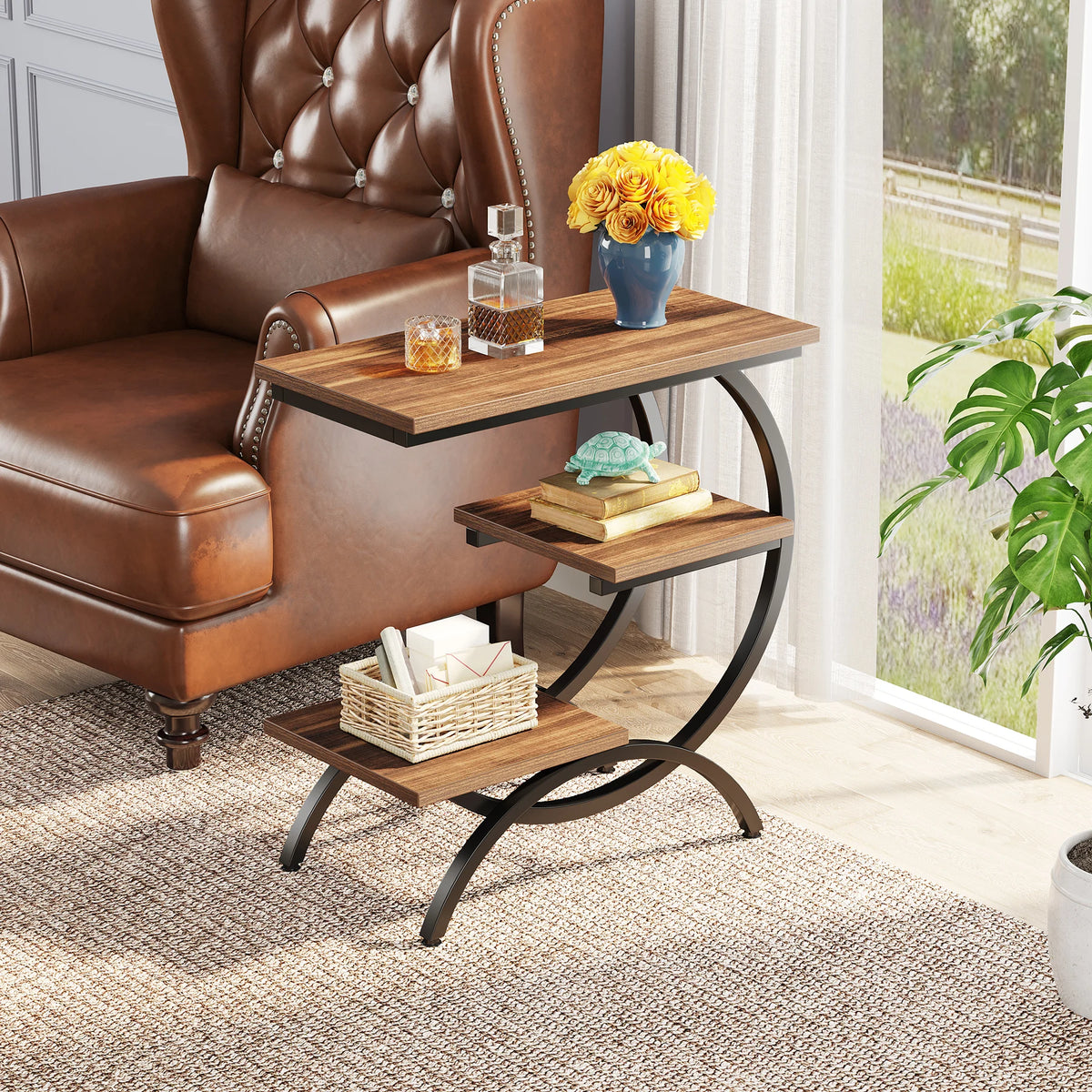 Tribesigns Industrial C-Shaped End Table With Three Storage Shelves