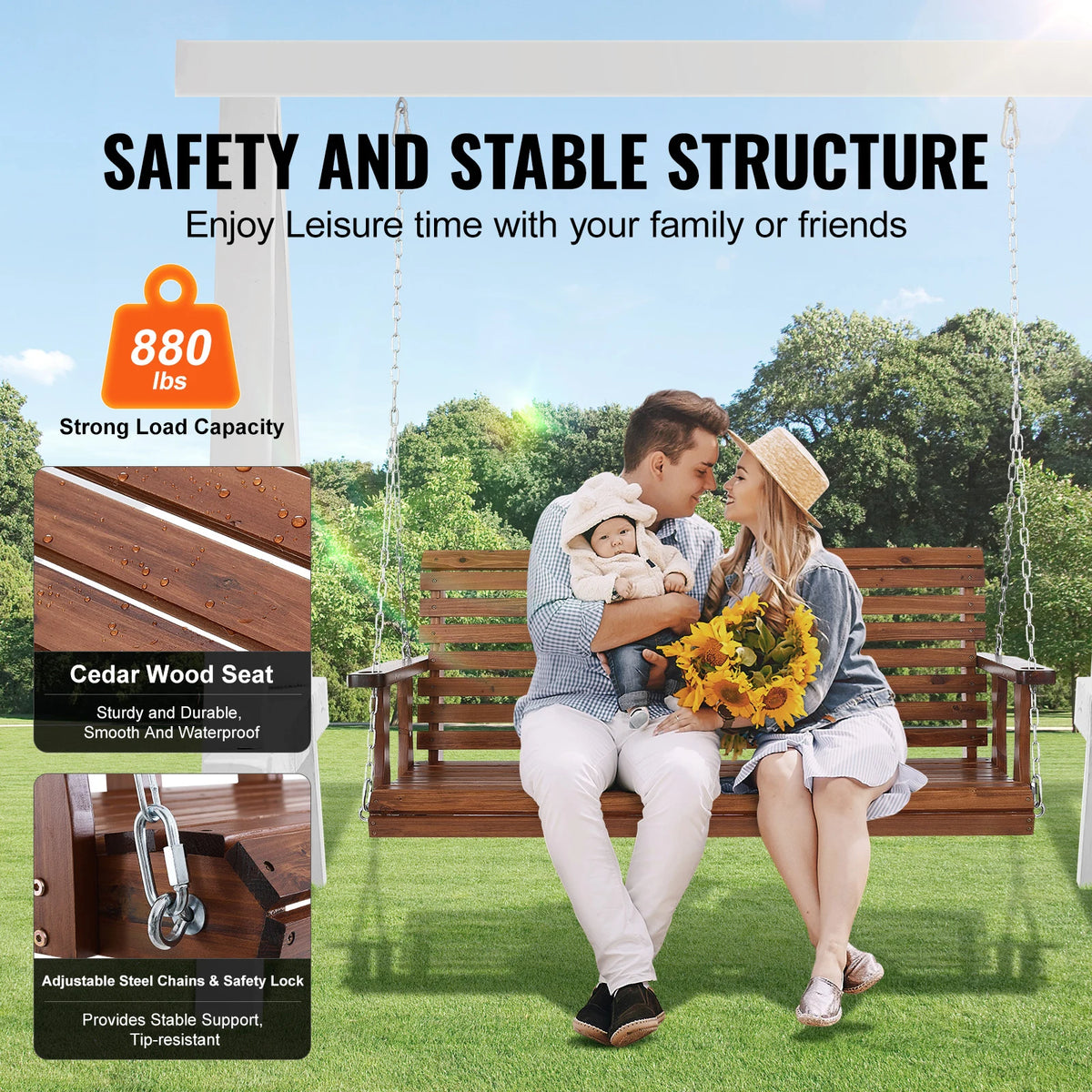 SucceBuy Outdoor Wood Porch Swing With Heavy Steel Chains