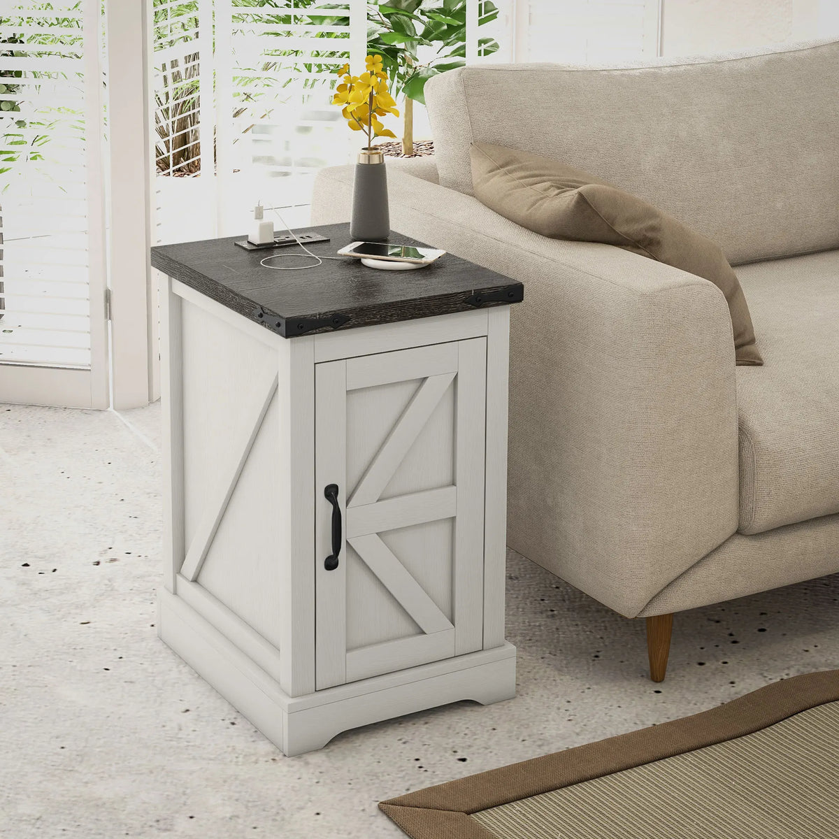 HOMCOM Farmhouse End Table with Charging Station and Storage Cabinet