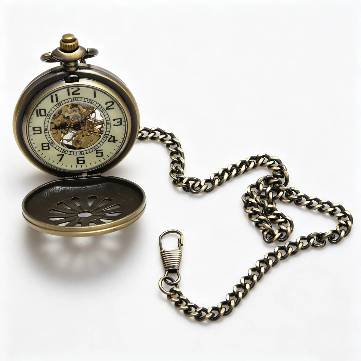 Vintage Open Face Pocket Watch with Chain and Arabic Numerals