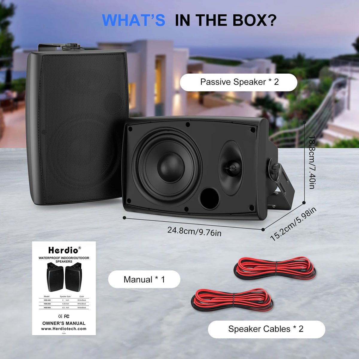 Herdio 5.25" Outdoor Speakers Waterproof Wired 300W Wall Mount Speakers Superior Sound Dual Swivel Brackets for Patio
