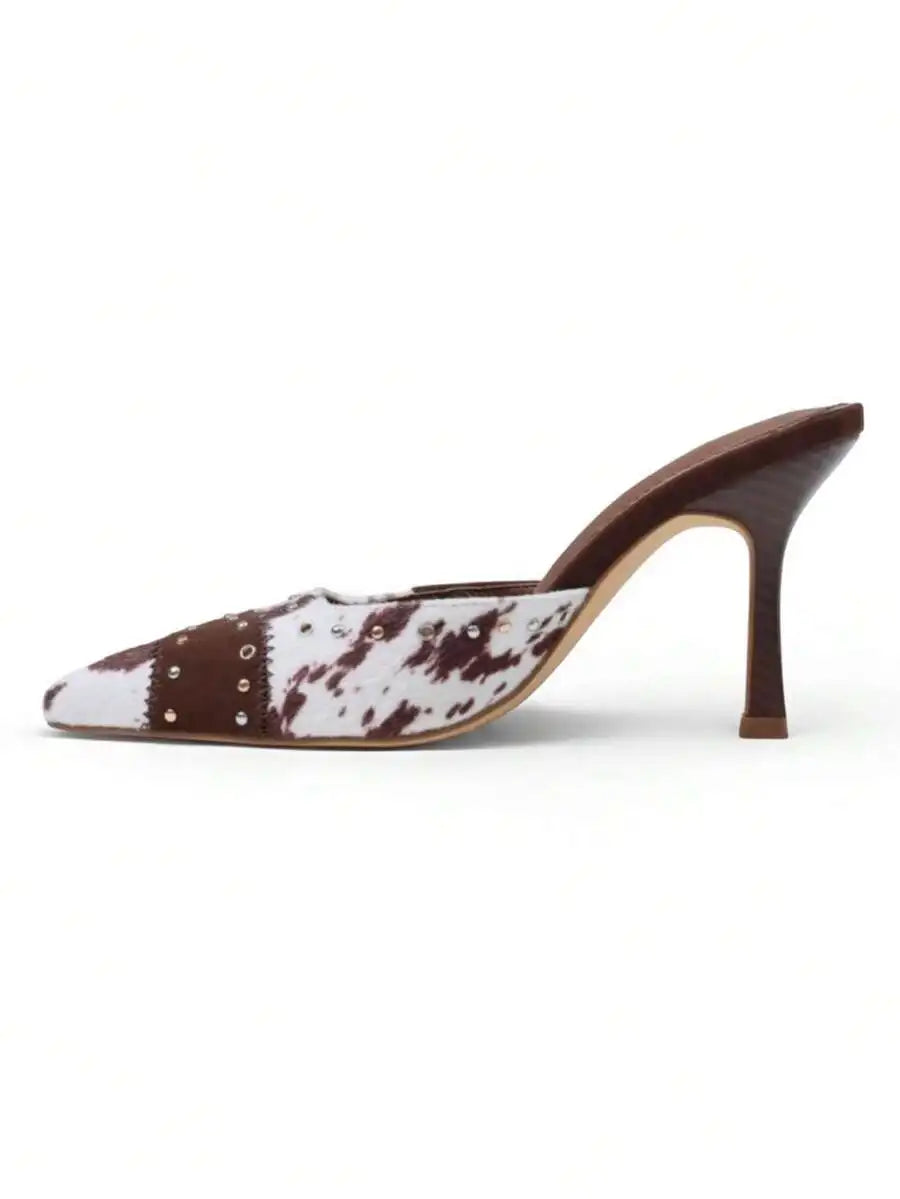 Sandals For Women Summer Women's Leopard Print Patchwork Stiletto Mules Pointed Toe Studded Slip-On High Heels Western Style