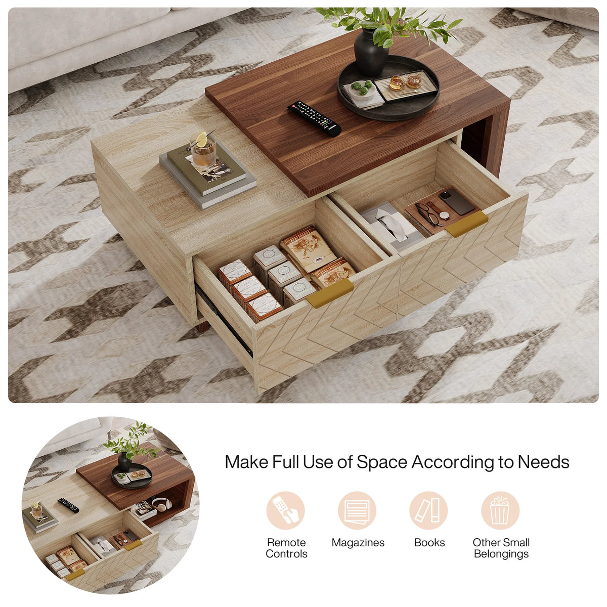 Tribesigns Extendable Coffee Table With Reversible Top And Storage Drawers