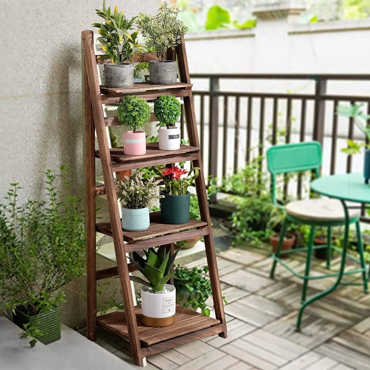 Multipurpose Wooden Folding 4 Tier Ladder Shelf Rack