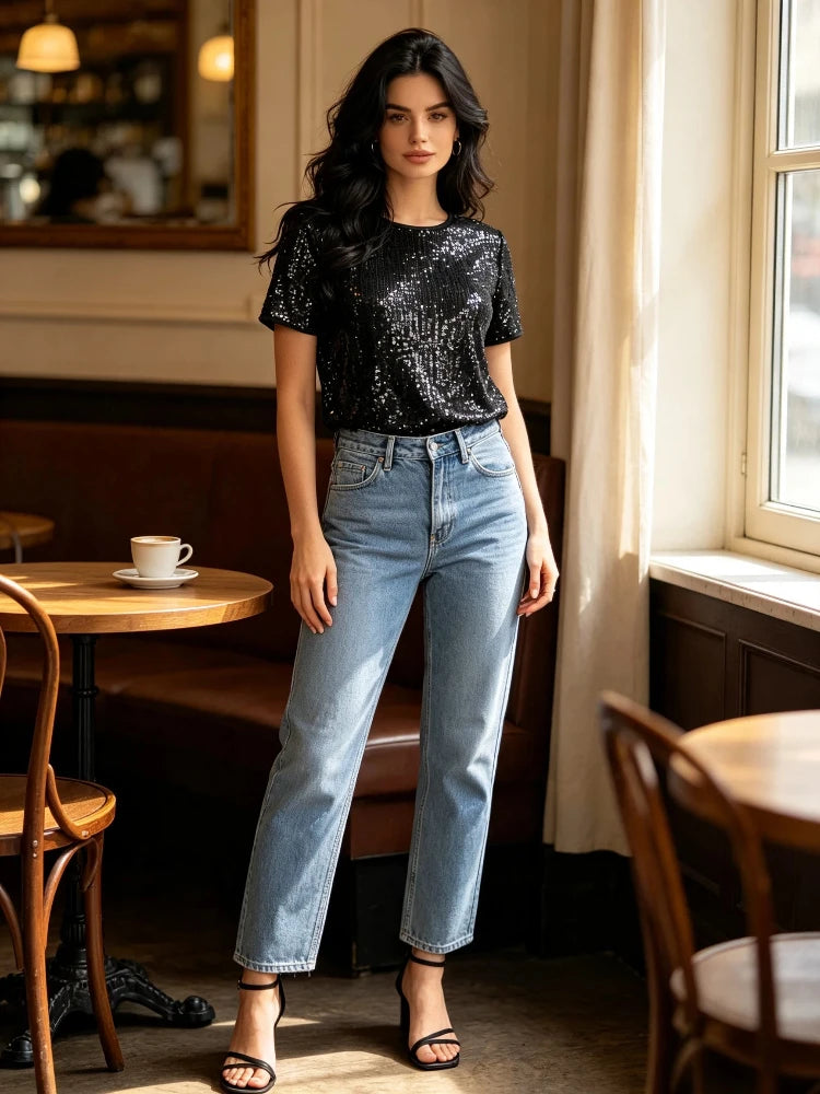Women's Black Sequin Short Sleeve T-Shirt Round Neck Loose Glitter Top for Party Club Night Out