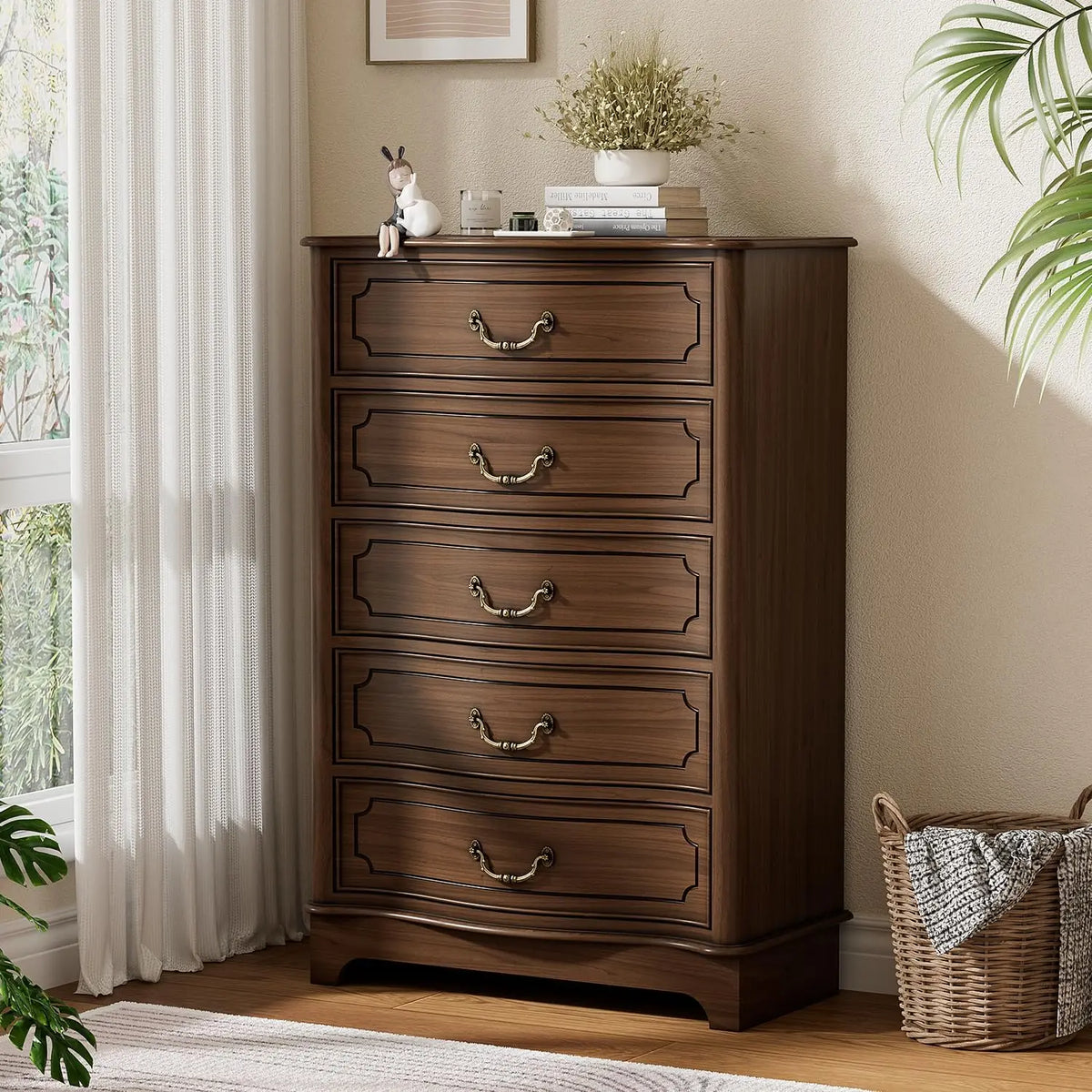 Farmhouse Five Drawer Bedroom Dresser With Rustic Wood Storage