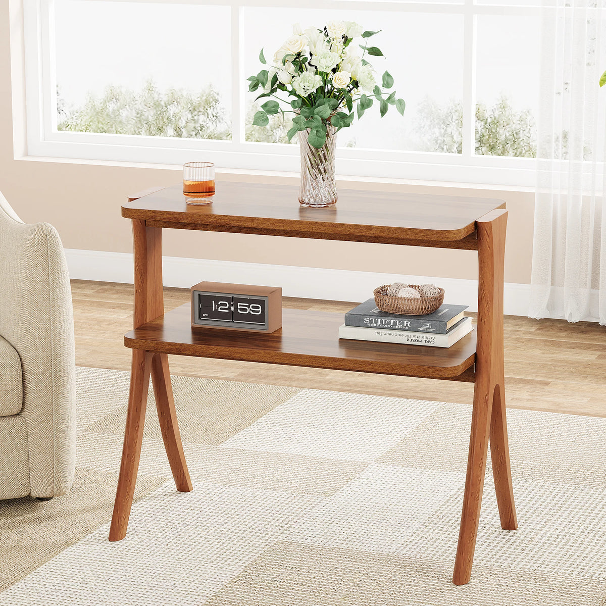 Tribesigns Wooden Side Table With Two Tier Storage Shelves