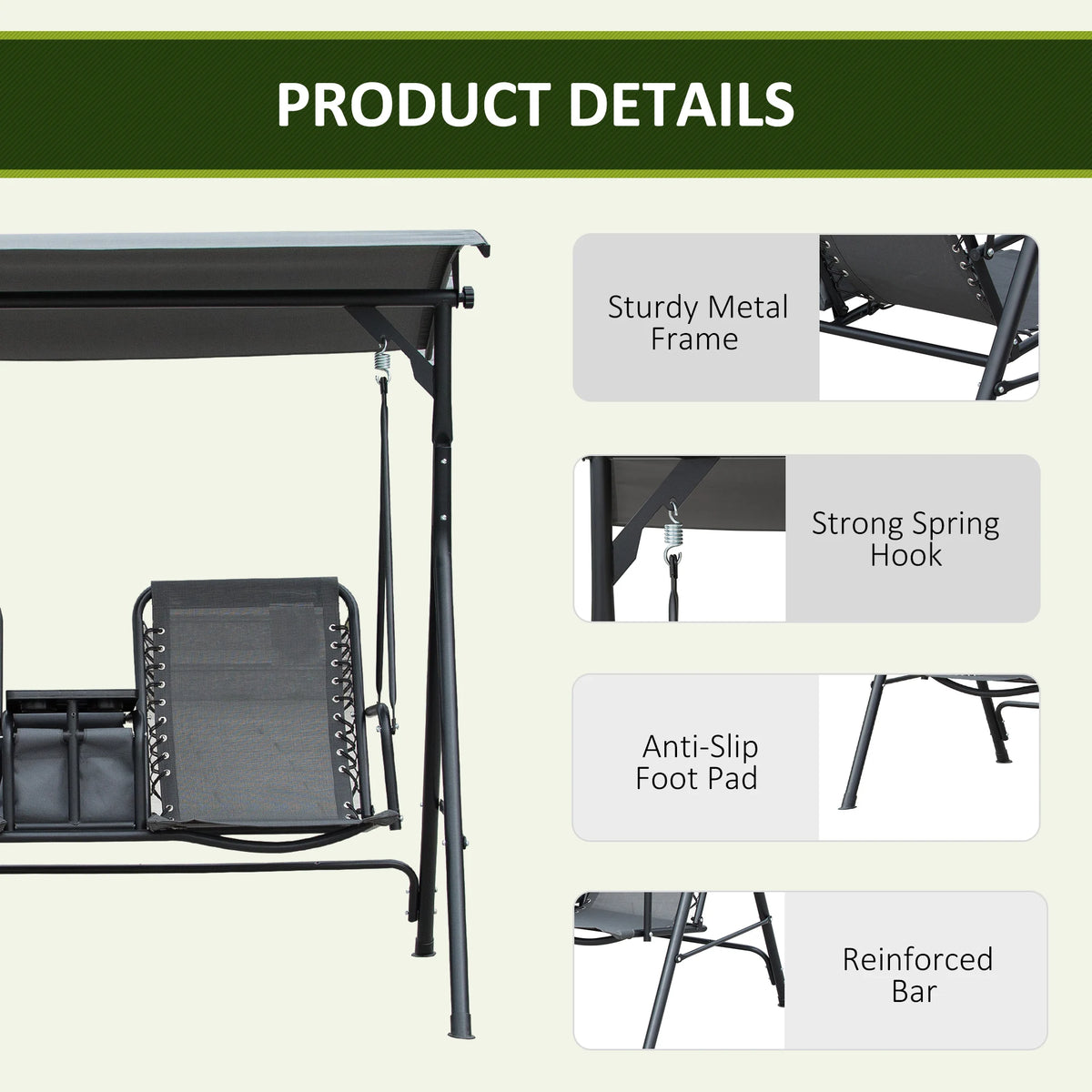 Outsunny Outdoor Porch Swing Chair With Adjustable Canopy