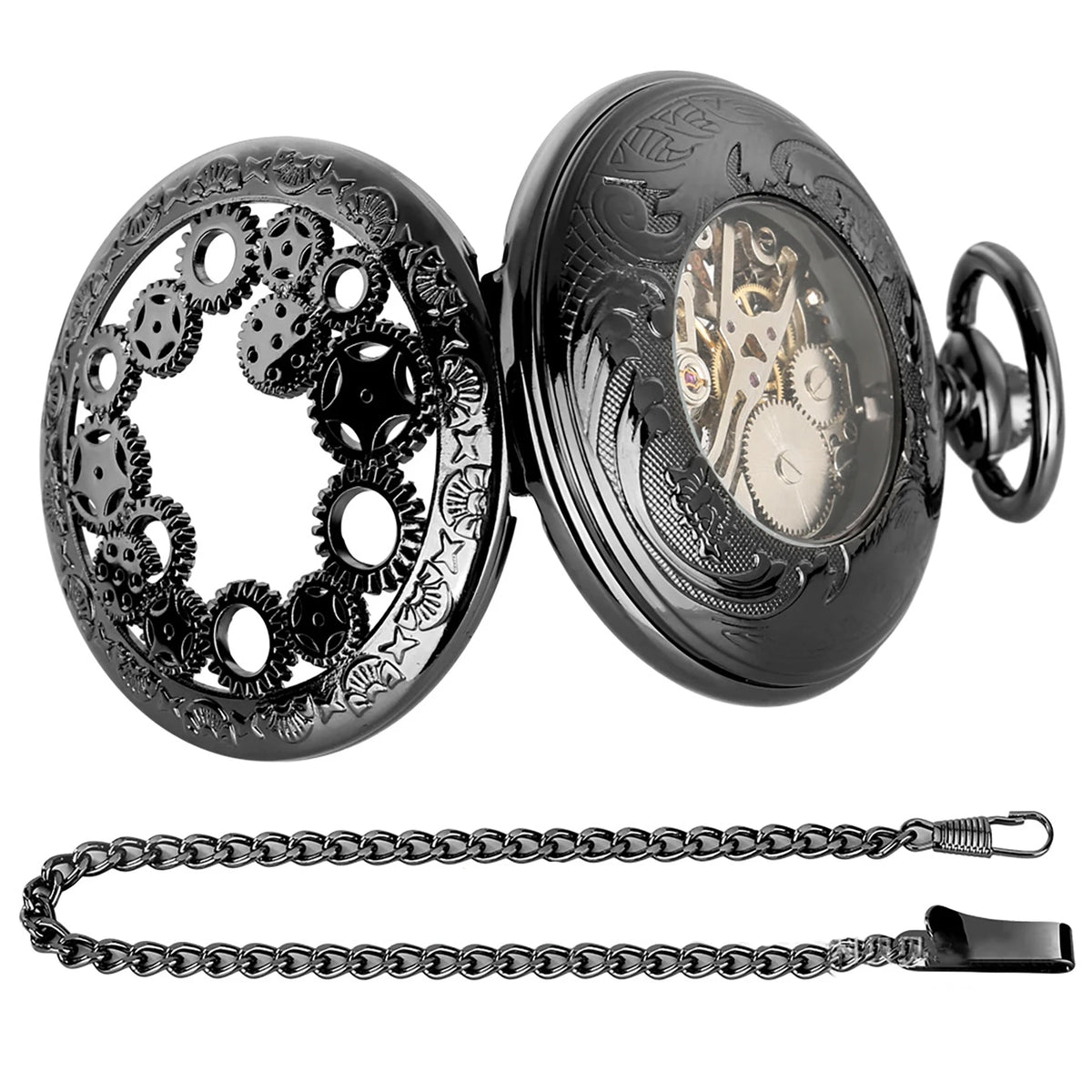 Vintage Hand-Wind Skeleton Pocket Watch Roman Numeral Dial, Mechanical Pocket Watch with Chain for Men Gift