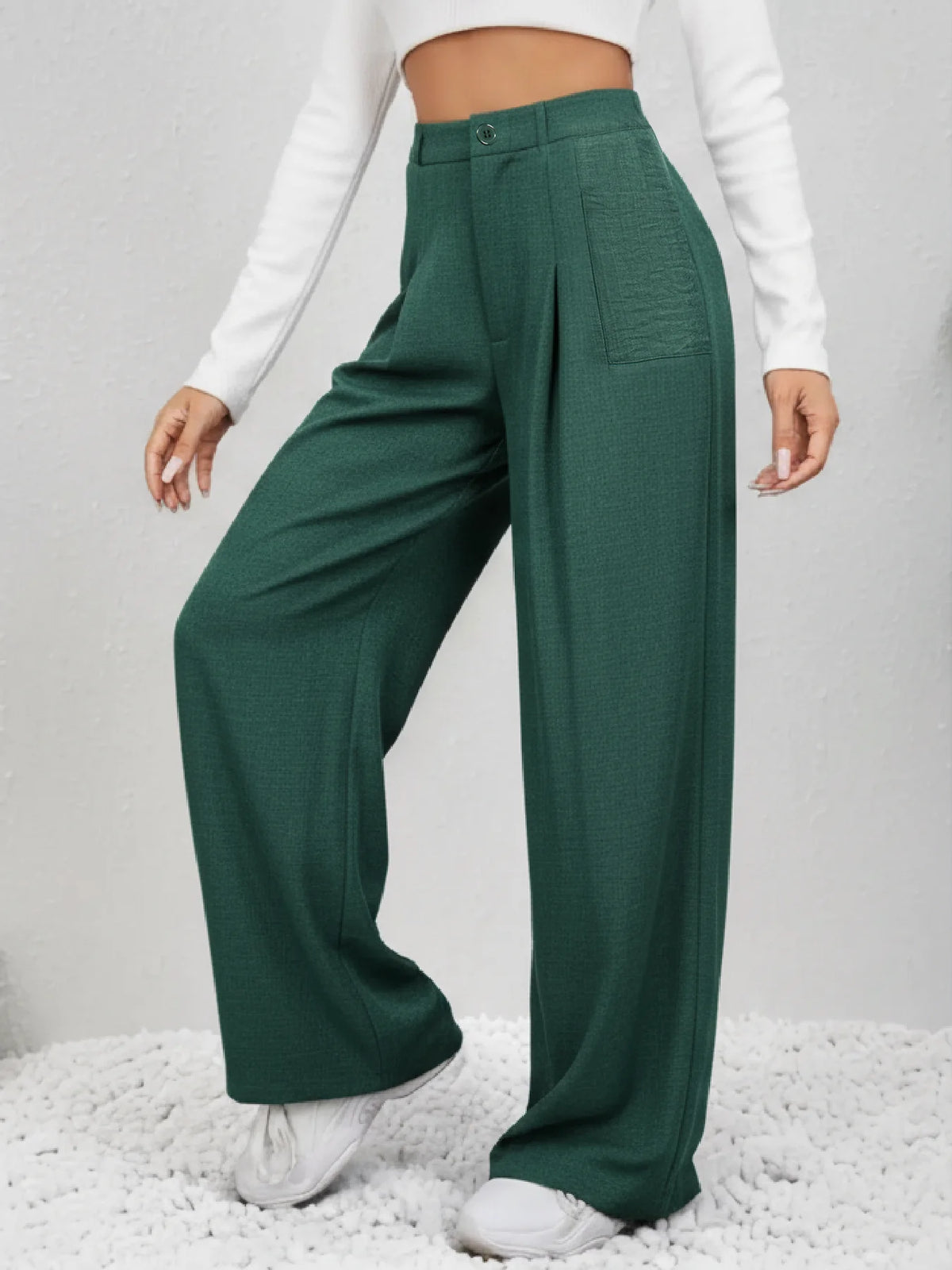 Women Green Textured Wide Leg Pants High Waist Button Front Pleated Trousers With Pockets Casual Office Business Straight Long Palazzo Pants