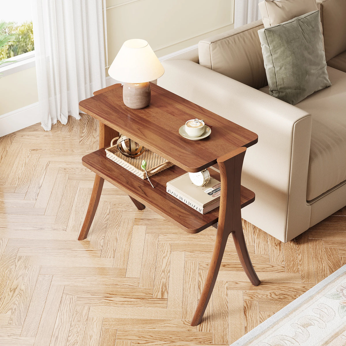 Tribesigns Wooden Side Table With Two Tier Storage Shelves