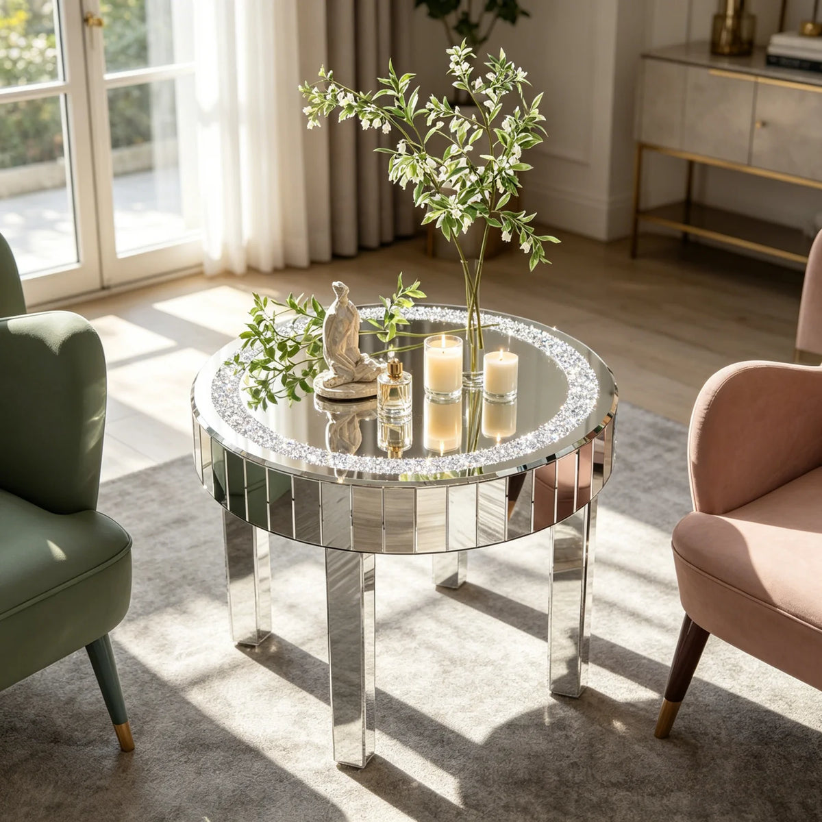 Crushed Crystal Round Coffee Table Glitz Sparkle Diamond Sofa Side Accent Table Bedside Table