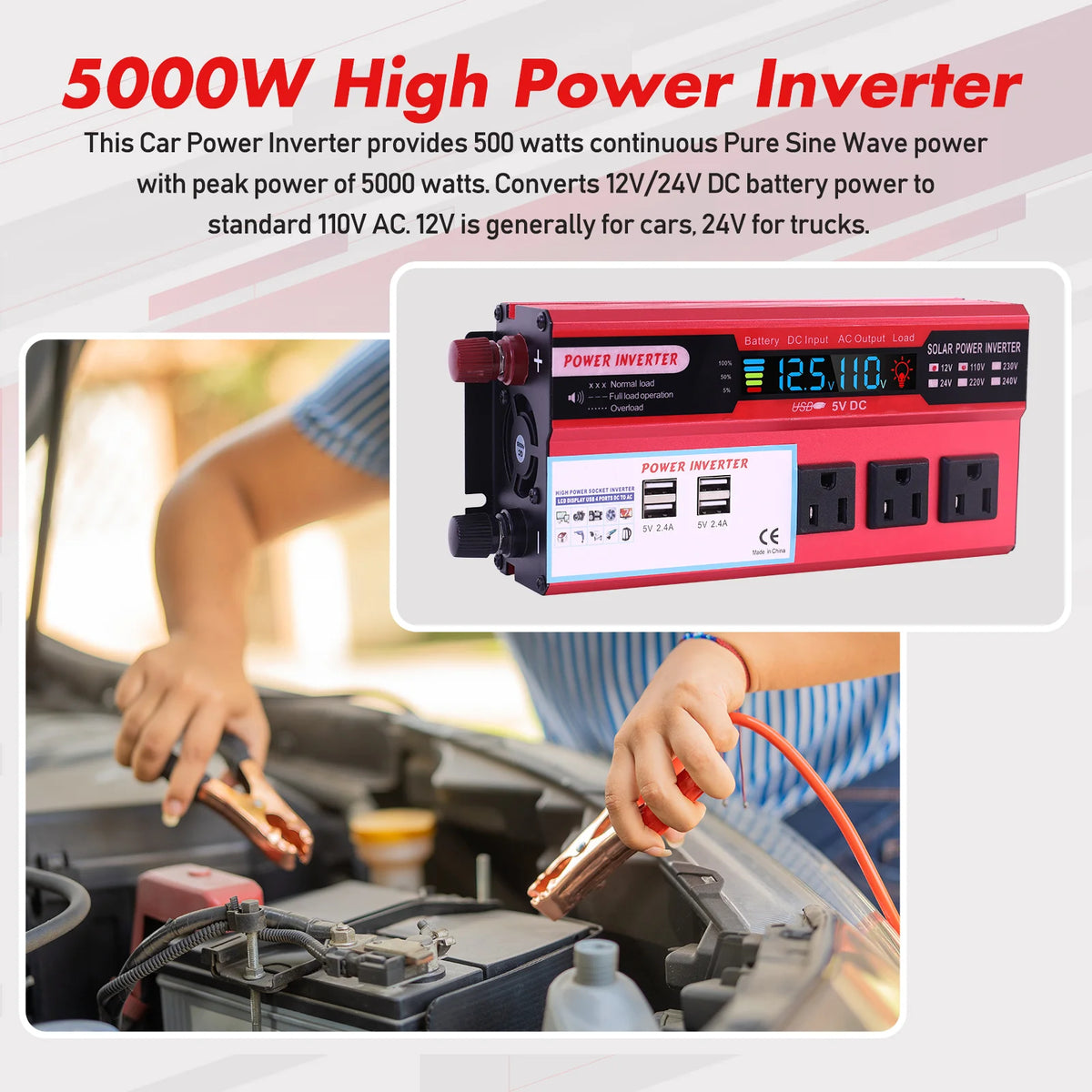 Portable 5000W Pure Sine Wave Car Power Inverter For Outdoor