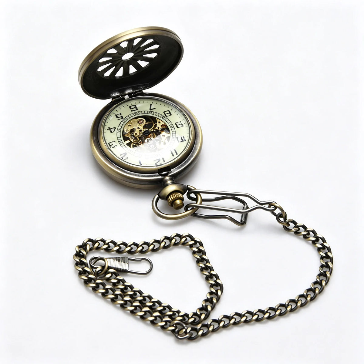 Vintage Open Face Pocket Watch with Chain and Arabic Numerals
