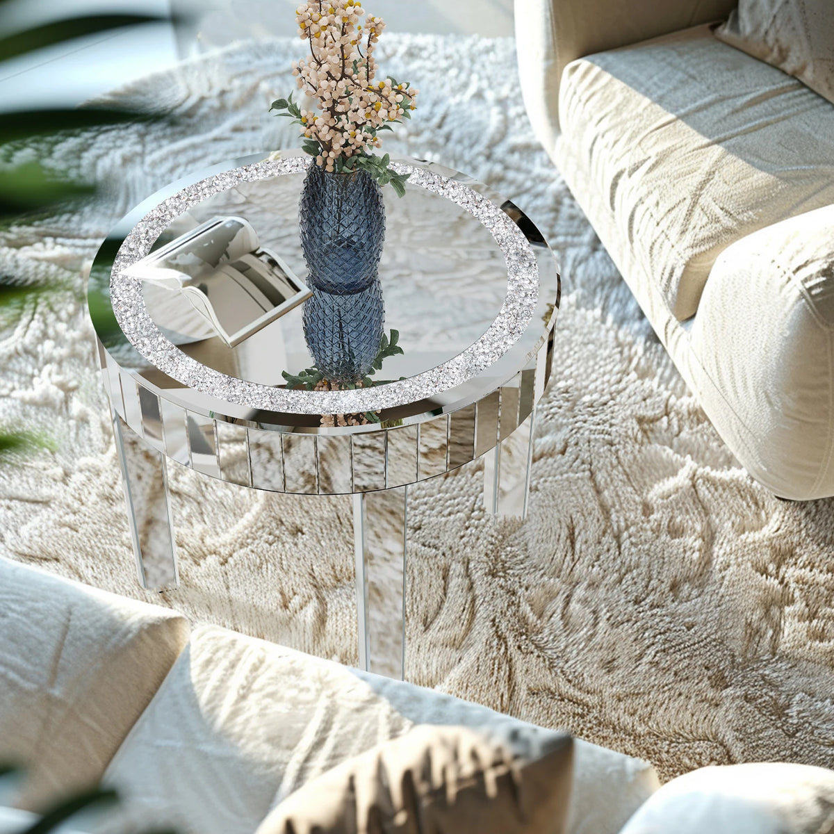 Crushed Crystal Round Coffee Table Glitz Sparkle Diamond Sofa Side Accent Table Bedside Table