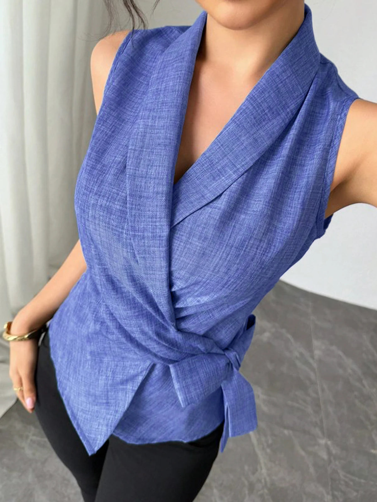 Women Blue Wrap Tie Waist Blouse Sleeveless V-Neck Slim Fit Office Casual Summer Top