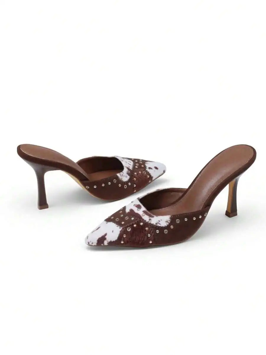 Sandals For Women Summer Women's Leopard Print Patchwork Stiletto Mules Pointed Toe Studded Slip-On High Heels Western Style