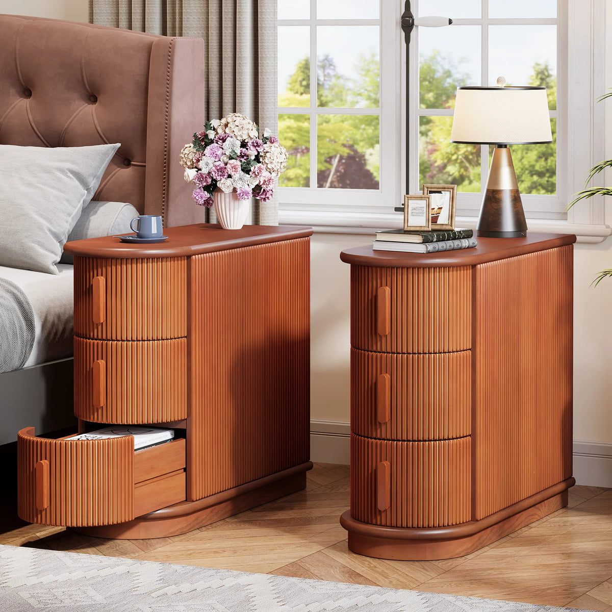 Tribesigns Solid Wood Three Drawer Oval End Table for Sofa Side Seating