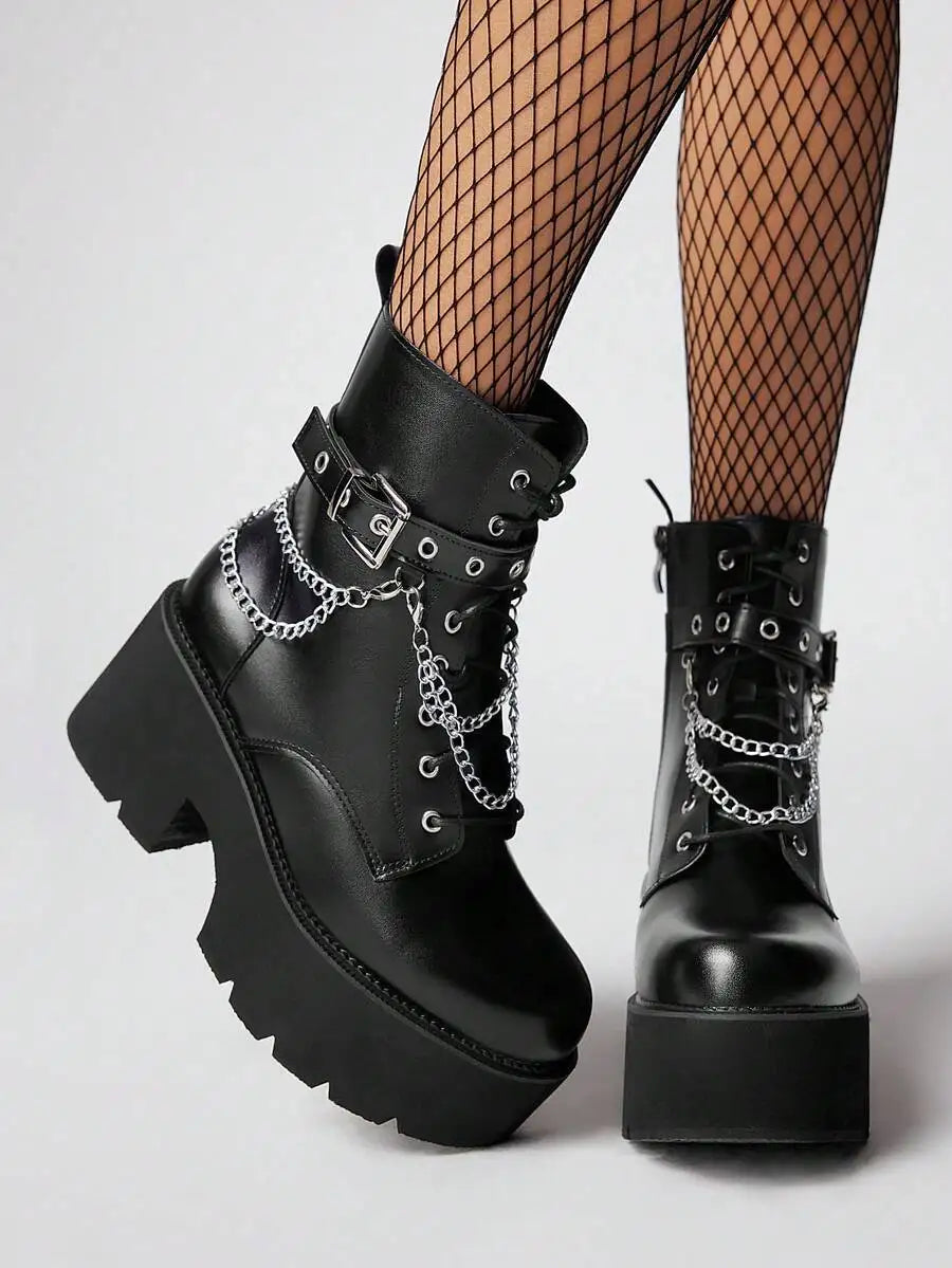 ROMWE Grunge Punk Women's Dark Punk Style Thick Sole Chunky Heel Ankle Boots, Gothic Metal Chain Decor Wedge Ankle Boots,